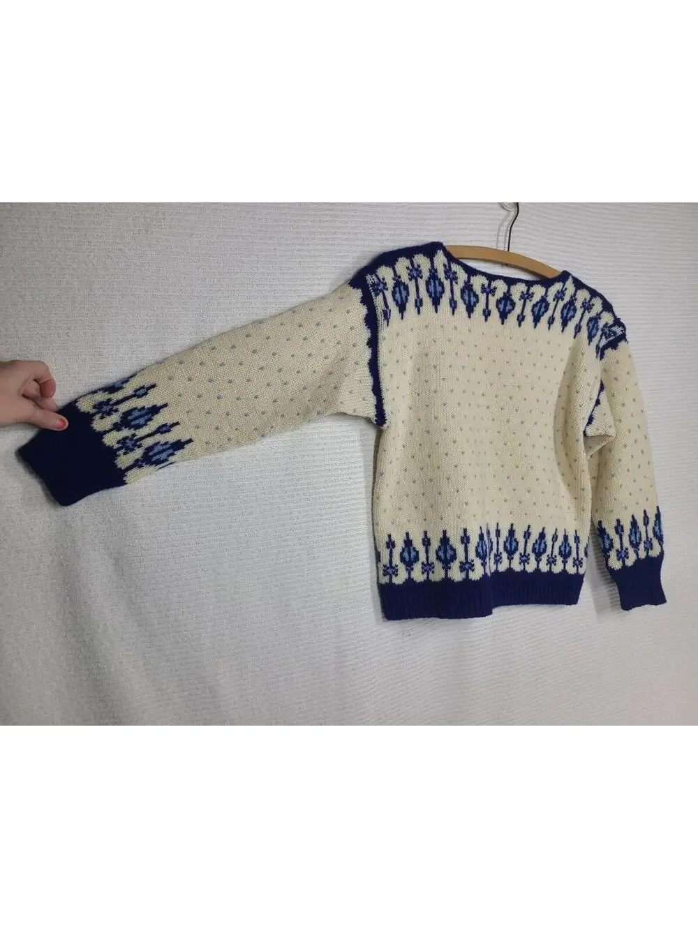 Vintage 60s Norwegian Knit Sweater Women's M Hand Knit Blue Drip Intarsia Norway - Picture 10 of 10